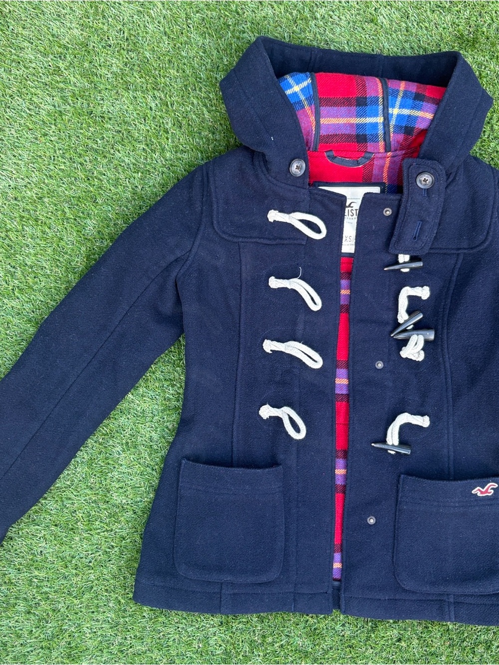 🦅 Hollister Navy Girls' 55% Wool Toggle Pea Coat with Red Plaid Lining - XS